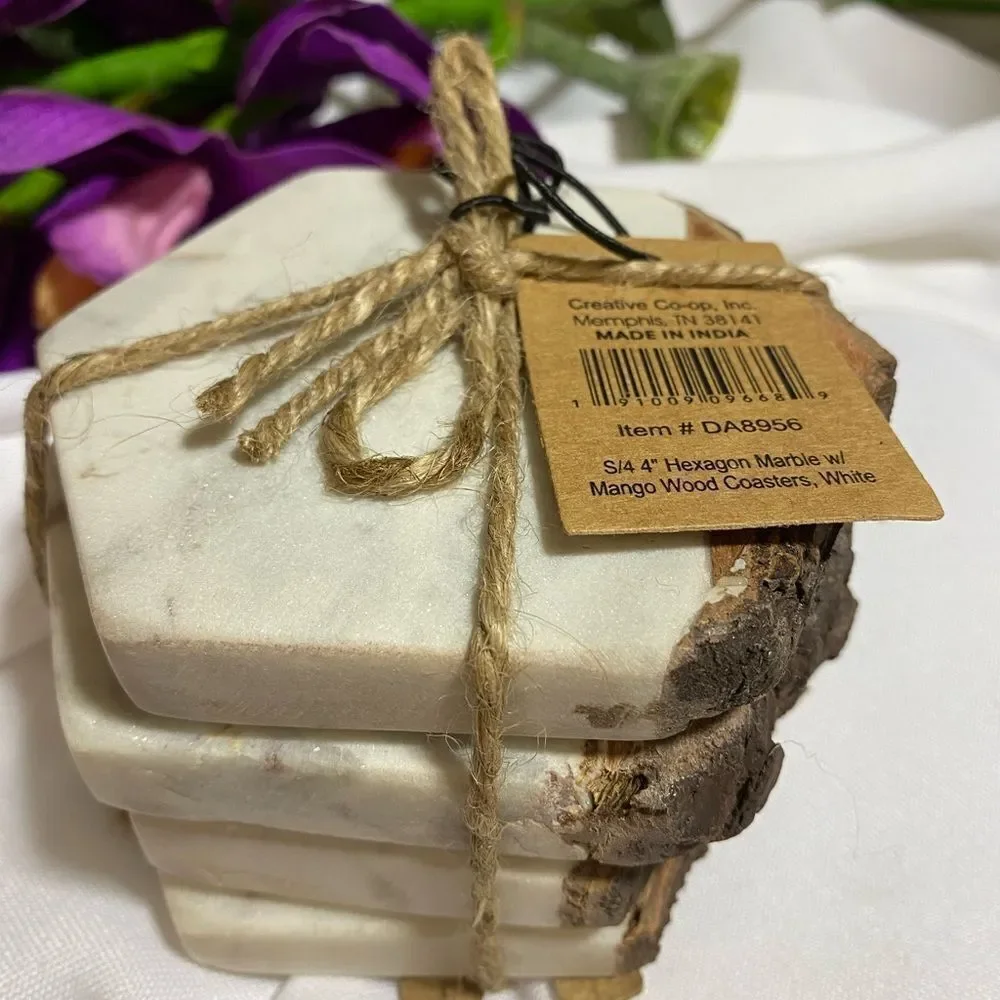 Coasters (4) Beautiful Marble & Brown NWT wrapped in Jute Creative Co Op 4x4